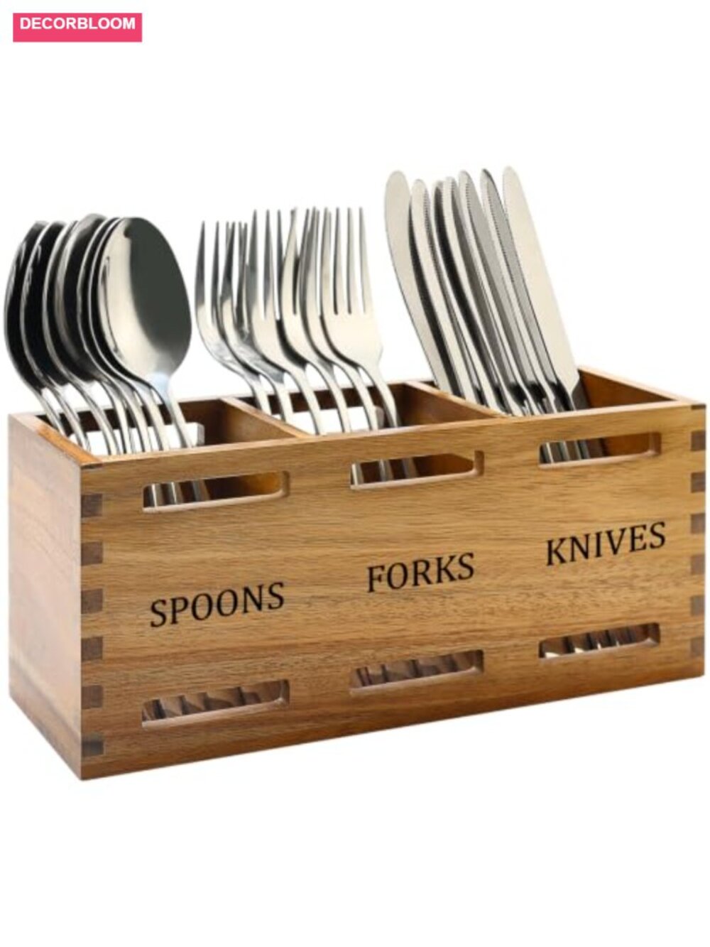 Acacia Wood Flatware Caddy 3 Compartment Utensil Holder Kitchen Counter